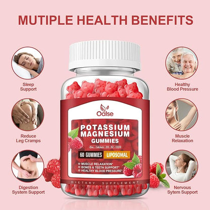 Liposomal Potassium Magnesium Gummies for Adults Kids, High Absorption Potassium Citrate 200mg Magnesium Glycinate 400mg, Vitamin B6 Chewable Supplements for Leg Cramps & Muscle, Raspberry, 60 Count