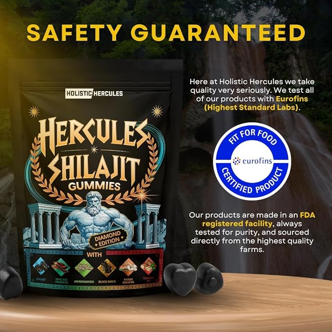 Holistic Hercules Himalayan Gold Shilajit Gummies with Ashwagandha Black Maca Tongkat Ali Panax Ginseng Mucuna | 100% Natural Organic | Vegan Non-GMO Sugar-Free (30)