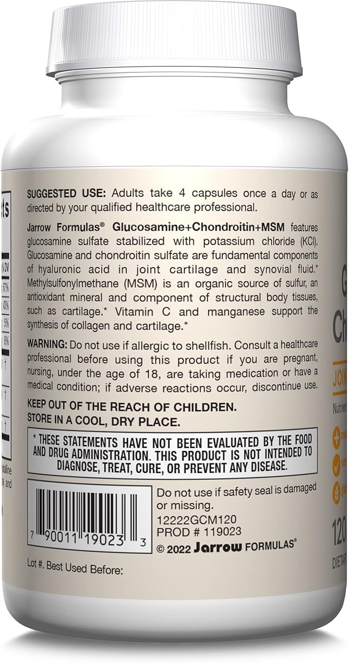 Jarrow Formulas Glucosamine, Chondroitin, and MSM Capsules; Joint Support Supplement with Vitamin C and Manganese, Bone & Joint Health, 120 Capsules, 30 Day Supply