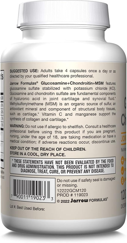 Jarrow Formulas Glucosamine, Chondroitin, and MSM Capsules; Joint Support Supplement with Vitamin C and Manganese, Bone & Joint Health, 120 Capsules, 30 Day Supply