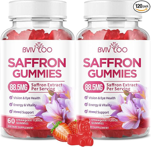Saffron Gummies for Adult Kids, 10-IN-1 Formula with Saffron 88.5mg, Vitamins D3 & B6, Magnesium, Zinc, Ashwagandha, L-Theanine, St. John's Wort - Supports Mood & Focus, Strawberry Flavor, 60 Count