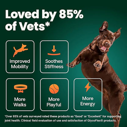 VetriScience Ultimate Strength Healthy Hip & Joint Chews, GlycoFlex Glucosamine, Chondroitin and Green-Lipped Mussel Joint Support Supplement for Dogs, Soothe Joint Discomfort, Duck, 60 Count