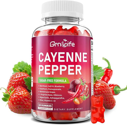 Cayenne Pepper Beet Root Gummies, with Beetroot Garlic CoQ10 Hawthorn Berry Grape Seed Extract Olive Leaf Nattokinase Hibiscus Vitamin D Nitric Oxide and Others, Support Overall Wellness, 60 Count
