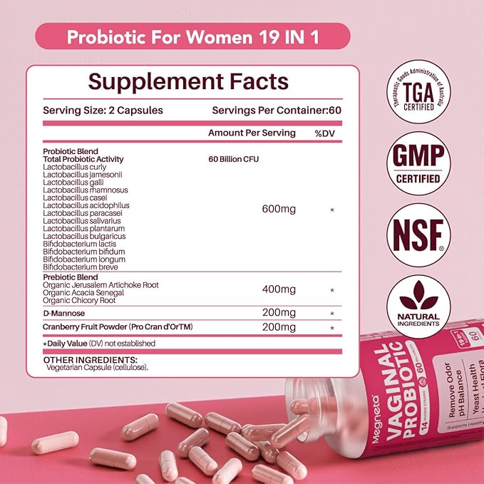 Vaginal Probiotics with Prebiotics Cranberry, 60 Billion CFU 14 Strains Probiotics for Women with Prebiotic & D-Mannose, Womens Probiotic for Vaginal Flora, Odor Control, pH Balance - 60 Capsules