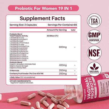 Vaginal Probiotics with Prebiotics Cranberry, 60 Billion CFU 14 Strains Probiotics for Women with Prebiotic & D-Mannose, Womens Probiotic for Vaginal Flora, Odor Control, pH Balance - 60 Capsules