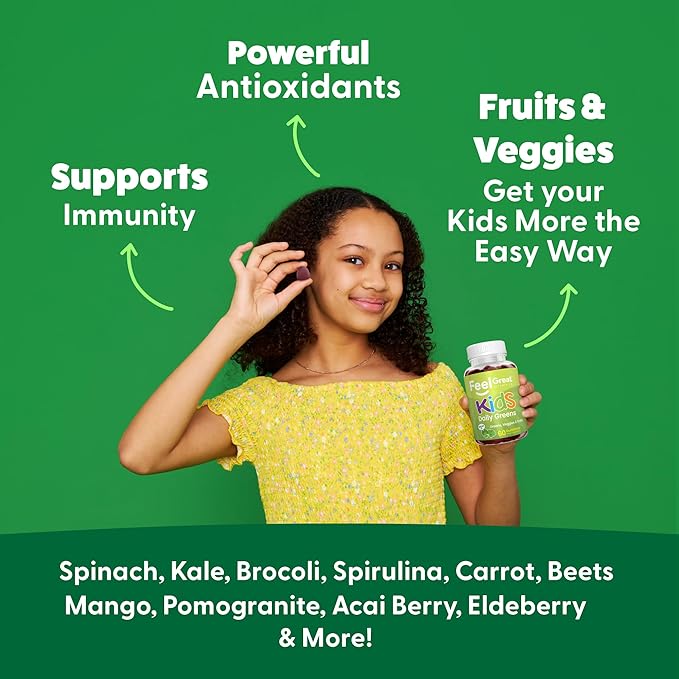 Feel Great Super Green Gummies for Kids (2 Pack) | Fruit and Vegetable Gummies | Vegan Veggie Gummy Multivitamin for Kids | Veggie Fiber Supplement | 60 Count