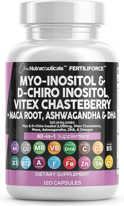 Clean Nutraceuticals Myo-Inositol & D-Chiro Inositol 2050mg Fertility Supplement 40:1 Ratio - Prenatal Vitamins for Women with Ashwagandha Maca Root Vitex Chasteberry Iron DHA Folic Acid DIM Zinc (1)