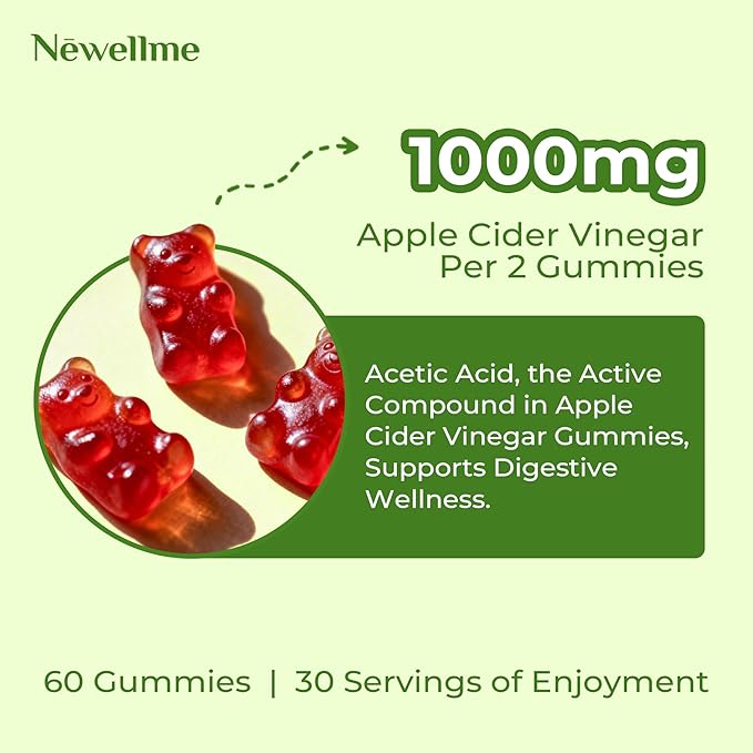 NEWELLME Sugar-Free Apple Cider Vinegar Gummies for Metabolism - 1000mg ACV with The Mother & Vitamin B12 for Energy Support - Vegan, Gluten-Free,180 Counts