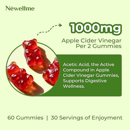 NEWELLME Sugar-Free Apple Cider Vinegar Gummies for Metabolism - 1000mg ACV with The Mother & Vitamin B12 for Energy Support - Vegan, Gluten-Free, 60 Counts