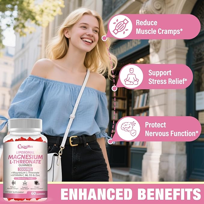3000mg High-Potency Liposomal Magnesium Threonate Gummies, Magnesium L-Threonate Supplements, Liposomal Enhance 98% Absorption, Muscle & Nervous System Support for Adults & Kids, Strawberry Flavor