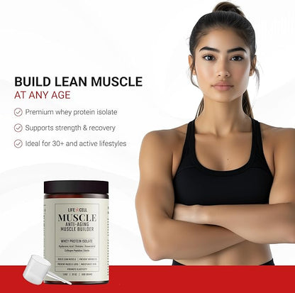 LifeCell Whey Protein – Anti-Aging Muscle Builder with Shiitake Mushroom, Collagen & Hyaluronic Acid – Chocolate, No Sugar Added, Soy-Free, Gluten-Free, 600g (18 Servings)