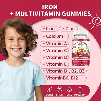 Iron Supplement Gummies for Kids - with Calcium, Zinc, Kids Multivitamin with Iron Gummies - Immune Support, Blood Builder & Energy Support for Iron Deficiency, Anemia, Cherry Flavor, 60 Gummies