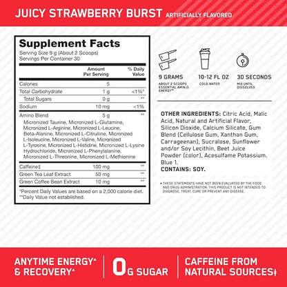 Optimum Nutrition Amino Energy - Pre Workout with Green Tea, BCAA, Amino Acids, Keto Friendly, Green Coffee Extract, Energy Powder - Juicy Strawberry Burst, 9.5 Ounce, 30 Servings (Packaging May Vary)