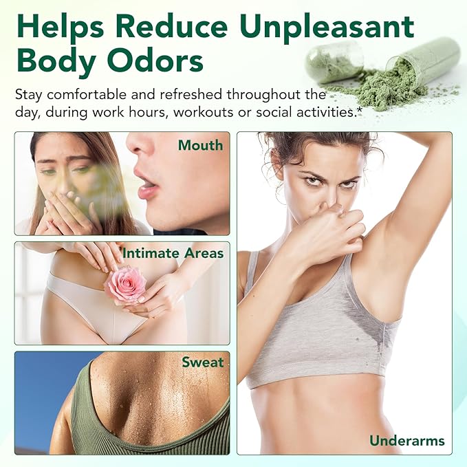 Body Deodorizing Supplement | 120 Vegan Capsules | Reduce Odor in Underarms, Intimate Areas & Oral | Natural Internal Deodorant Chlorophyll Capsules for Women & Men