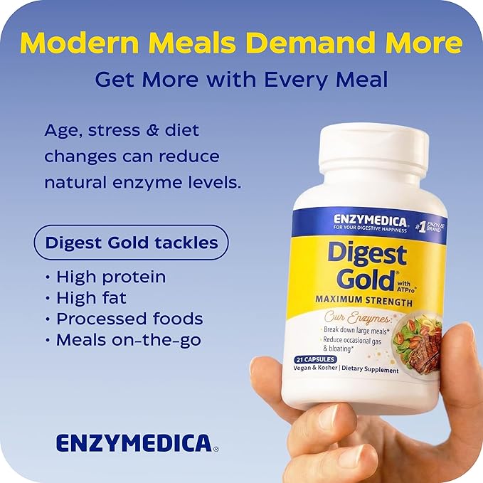 Enzymedica Digest Gold + ATPro, Maximum Strength Enzyme Formula, Fast-Acting, Helps Digest Large Meals, Prevents Bloating and Gas, 180 Capsules