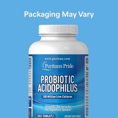 Puritan's Pride Daily Probiotic Acidophilus, 100 Million Live Cultures, Dietary Supplement for Digestive, Gut, and Immune Health, Soy, Sodium, and Gluten Free, 8 Month Supply, 250 Tablets