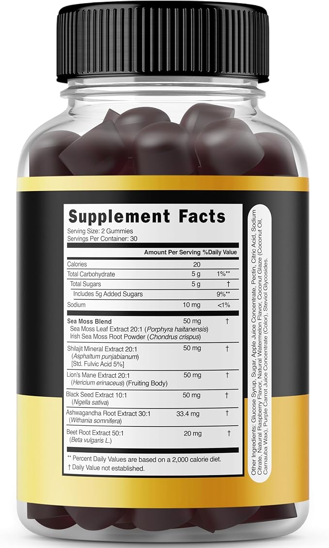 Shilajit Gummies with Sea Moss, Ashwagandha & Lions Mane - (Shilajit Supplement for Men & Women, Energy & Immunity Support ) Third Party Tested, Vegan Safe, NON GMO & Made in USA (60 Gummies)