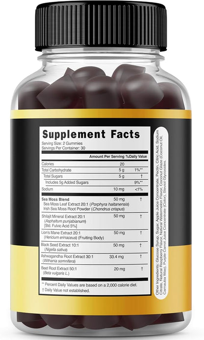 Shilajit Gummies with Sea Moss, Ashwagandha & Lions Mane - (Shilajit Supplement for Men & Women, Energy & Immunity Support ) Third Party Tested, Vegan Safe, NON GMO & Made in USA (60 Gummies)