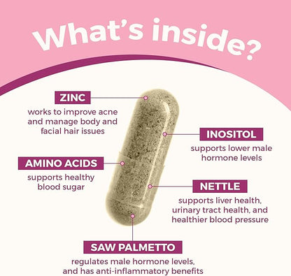 VITA-PCOS AndroBlocker Balance Supplement for Women - Stinging Nettle Capsules with Zinc & Inositol for Unwanted Facial Hair & Healthy Period - Saw Palmetto for Women Energy & Vitality - 60 Capsules