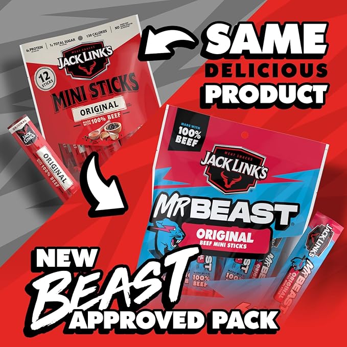 Jack Link’s x MrBeast Beef Sticks, Original Mini Beef Sticks, As Seen on Beast Games, 5g Protein, Made with 100% Real Beef, Pantry-Ready Snacks, 12 Count (Pack of 2)