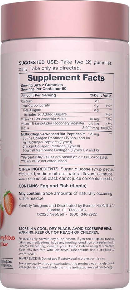 NeoCell Hair Skin and Nails Gummies | 120 Count | with Multi Collagen Advanced Bio-Peptides | Plus Biotin and Vitamin C | Advanced Formula | for Women and Men