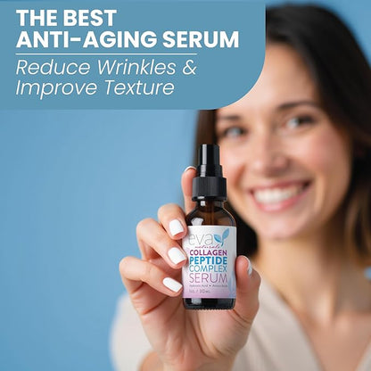 Eva Naturals Multi Peptide Face Serum – Anti Aging Collagen Peptides for Plump & Firm Skin Elasticity, Wrinkle & Fine Line Renewal, Fragrance Free Firming Facial Skincare - 1 oz