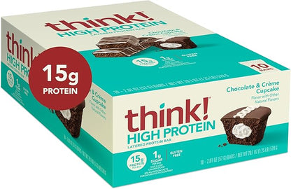 think! Protein Bars, High Protein Snacks, Gluten Free, Kosher Friendly, Sweet Treat, Chocolate & Creme Cupcake, 10 Count (Packaging May Vary)