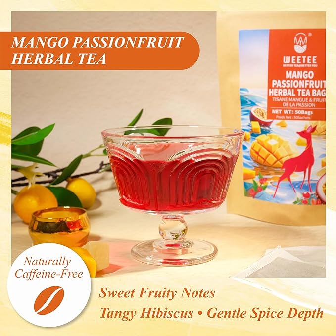 WT WEETEE Mango Passionfruit Herbal Tea, 50 Count Tropical Fruit Flavored Tea Bags, Caffeine Free Herbal Hibiscus Rosehips Cinnamon Orange Peel