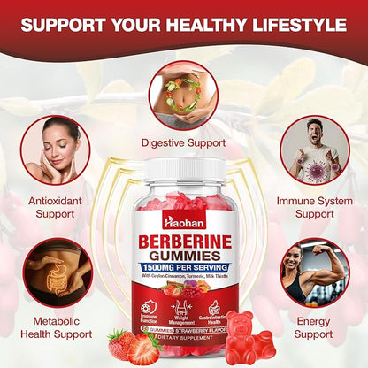 Haohan Berberine Gummies, 1500mg High Potency Berberine HCl, Ceylon Cinnamon, Milk Thistle, Immune System & Metabolism Support, Vegan, Strawberry Flavor, 60 Count