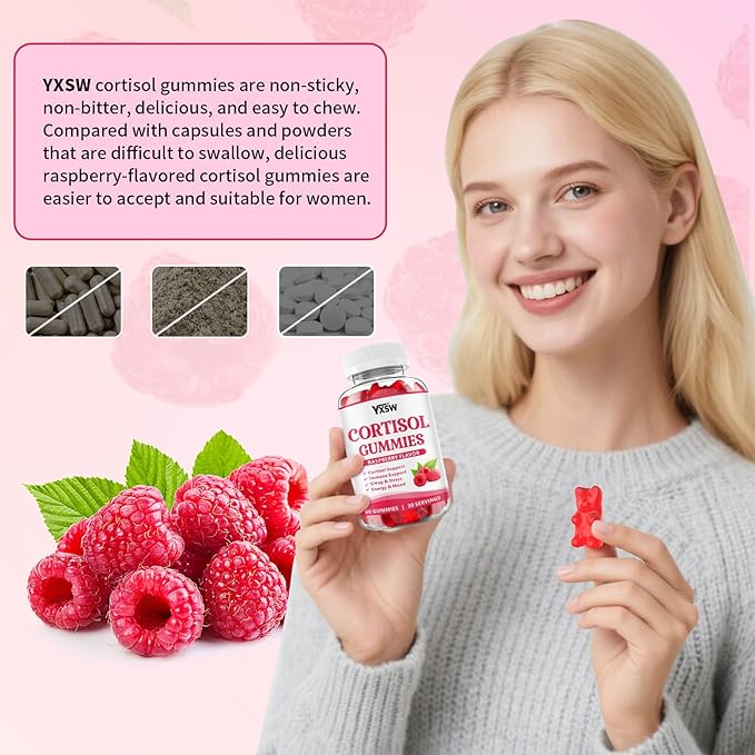 Cortisol Supplements Gummies for Women Sugar-Free Cortisol Gummies with Magnesium Glycinate Ashwagandha Rhodiola Rose Support Relaxation & Focus, Raspberry Flavor, 60 Count