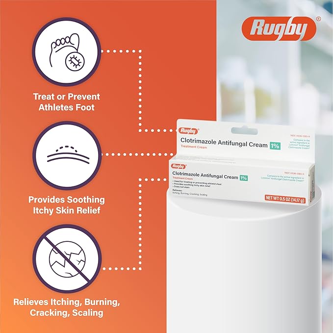 Rugby Clotrimazole Antifungal Cream 1% - Treatment Cream - Helps Provide Soothing Itchy Skin Relief - 0.5 Oz. (2 Pack)