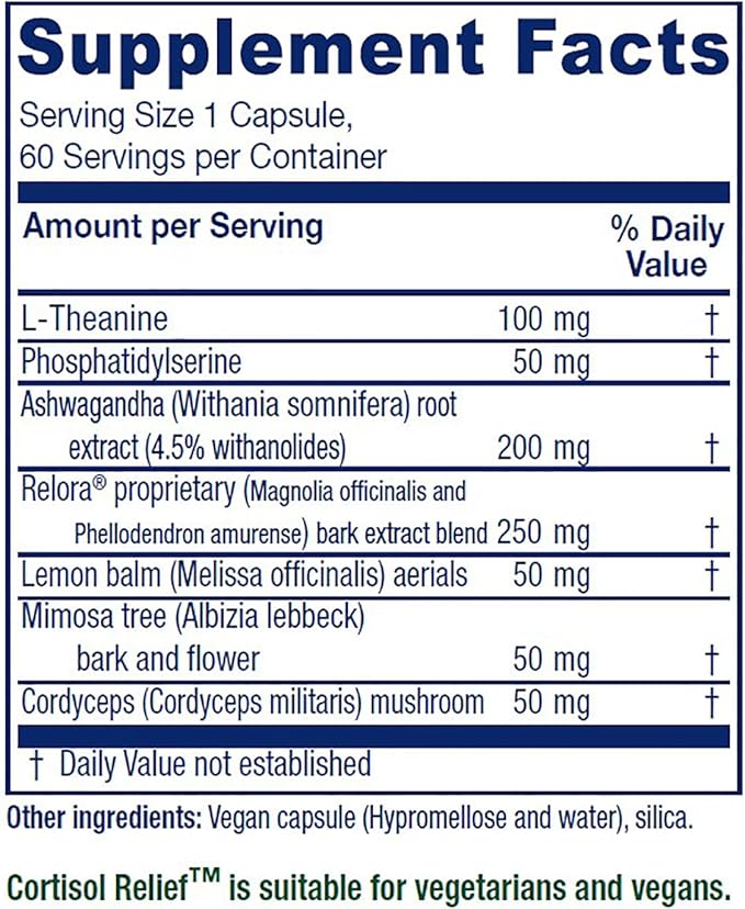 Vitanica Cortisol Relief, Dr. Formulated Sleep, Stress, Cortisol Manager Supplement, Vegan, 60 Capsules