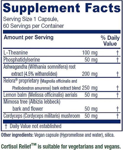 Vitanica Cortisol Relief, Dr. Formulated Sleep, Stress, Cortisol Manager Supplement, Vegan, 60 Capsules