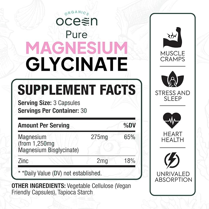 Organics Ocean Pure Magnesium Glycinate with Zinc - Maximum Strength Chelated Magnesium Supplement for Women and Men for Muscle Cramps and Sleep Support - 3 Bottles