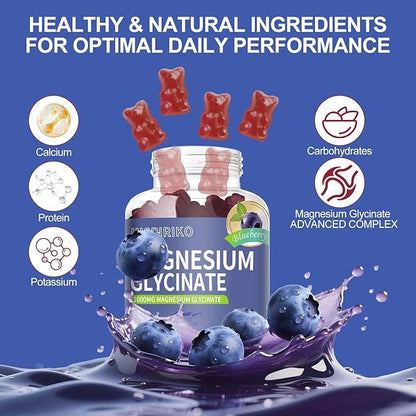 Magnesium Glycinate Gummies 1000mg - Sugar-Free Magnesium Potassium Supplement with Vitamin D, B6, CoQ10 for Adults & Kids,High Absorption for Calm Mood & Sleep Support - 60 Blueberry Gummies