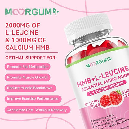 HMB & L-Leucine Gummies with Calcium, Amino Acid Supplement, L Leucine Supplements for Men & Women, Raspberry Flavor, 60 Count