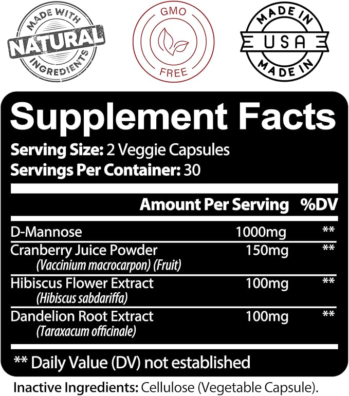 Kaya Naturals - D-Mannose - Urinary Tract UT Cleanse & Bladder Health - Made with Cranberry, Hibiscus & Dandelion Root - D Mannose Capsules Cranberry Supplement - 60 Veggie Capsules