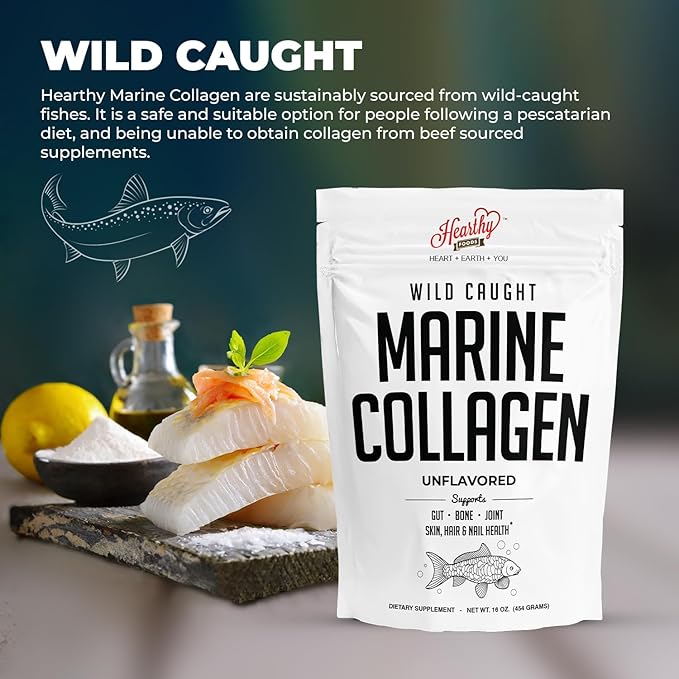 HEARTHY FOODS Marine Collagen Powder 16 Oz - Sourced from Wild-Caught Fish, Pescatarian Friendly, Keto Certified & Non-GMO Verified - Easy to Mix in Water - 45 Servings