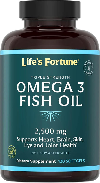 Life's Fortune Fish Oil Omega 3 Concentrate Supplement 2500 mg, 120 Softgels, High Potency, EPA & DHA Fatty Acid - Heart, Brain, Skin, Joints - Non GMO