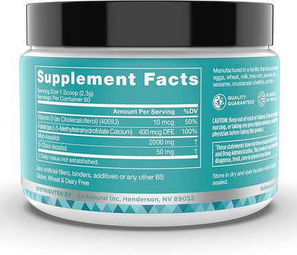 Eu Natural Regulate MAX Myo-Inositol & D-Chiro Inositol Supplement Powder for Women with Vitamin D & Folate Nutritional Support, Hormone Balance & Fertility Support, Unflavored 60 Servings