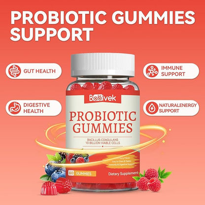 Probiotic Gummies 10 Billion CFU, Bacillus Coagulans for Digestive & Immune Support, Vegan, Non-GMO, Strawberry & Mixed Berry Flavor, 60 Count