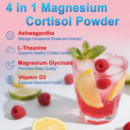 Cortisol Powdered Drink Mix, Made with Magnesium Glycinate, L-Theanine, Ashwagandha & Vitamin D3, Cortisol Supplements for Relaxation, Focus & Calm Support, Raspberry Lemonade Flavor, 30 Ct