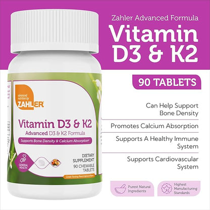 Zahler - Vitamin D3 & K2 Chewable Supplement (90 Count) - Certified Kosher K2 D3 Vitamin 5000 IU Delicious Chew Tablet - Vitamin D & K2 for Calcium Absorption, Bone Density & Immune Support