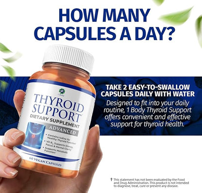 1 Body Thyroid Support Supplement, 90-Day Supply, 2 Pack with B12, Iodine, Zinc, Selenium, Ashwagandha, Non-GMO Vegetarian Formula (60 Count (Pack of 2))