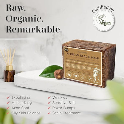 era of nature Best Raw ORGANIC AFRICAN BLACK SOAP, for Dry Skin and Skin Conditions. Pure & Natural Ingredients, Imported From Ghana - 8oz