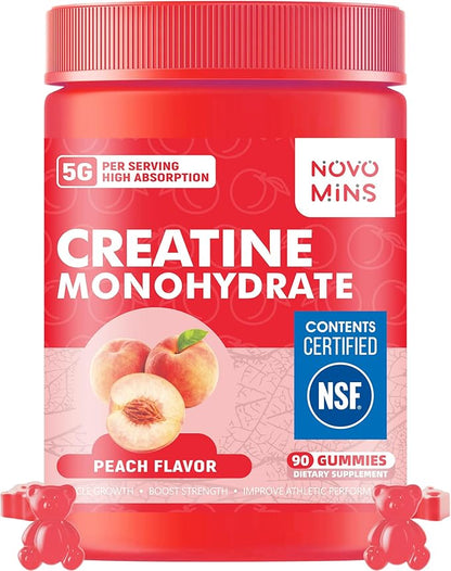 novomins Creatine Monohydrate Gummies for Men & Women, Chewables Creatine Monohydrate for Muscle Strength, Muscle Builder, Energy Boost, Pre-Workout Supplement-90 Peach