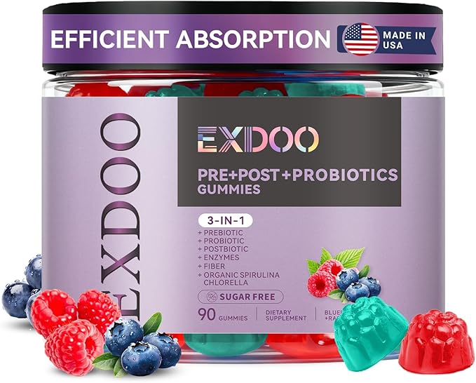 3-in-1 Probiotic Gummies Prebiotic+Probiotic+Postbiotic with Organic Spirulina Chlorella Immune Gut & Digestive Support 90 Count