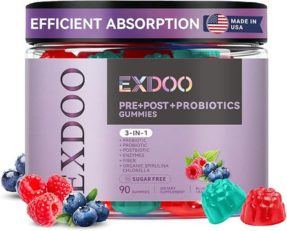 3-in-1 Probiotic Gummies Prebiotic+Probiotic+Postbiotic with Organic Spirulina Chlorella Immune Gut & Digestive Support 90 Count