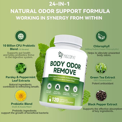 Chlorophyll Body Deodorizing Supplement 2 Pack, Chlorophyll Capsules with Parsley & Peppermint, Probiotic, Green Tea, Jerusalem Artichoke, Prebiotic, Supports Fresh Breath & Whole-Body Freshness