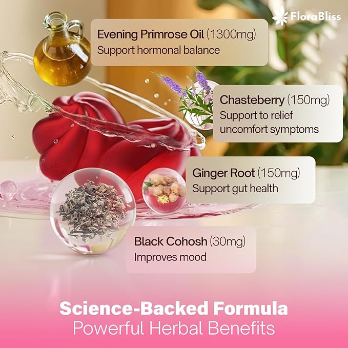 FloraBliss 90 Evening Primrose Oil Gummies | 1500mg | with Black Cohosh, Chasteberry, Ginger Extract for Daily Women's Wellness Support | Vegan, Non-GMO, Sugar-Free